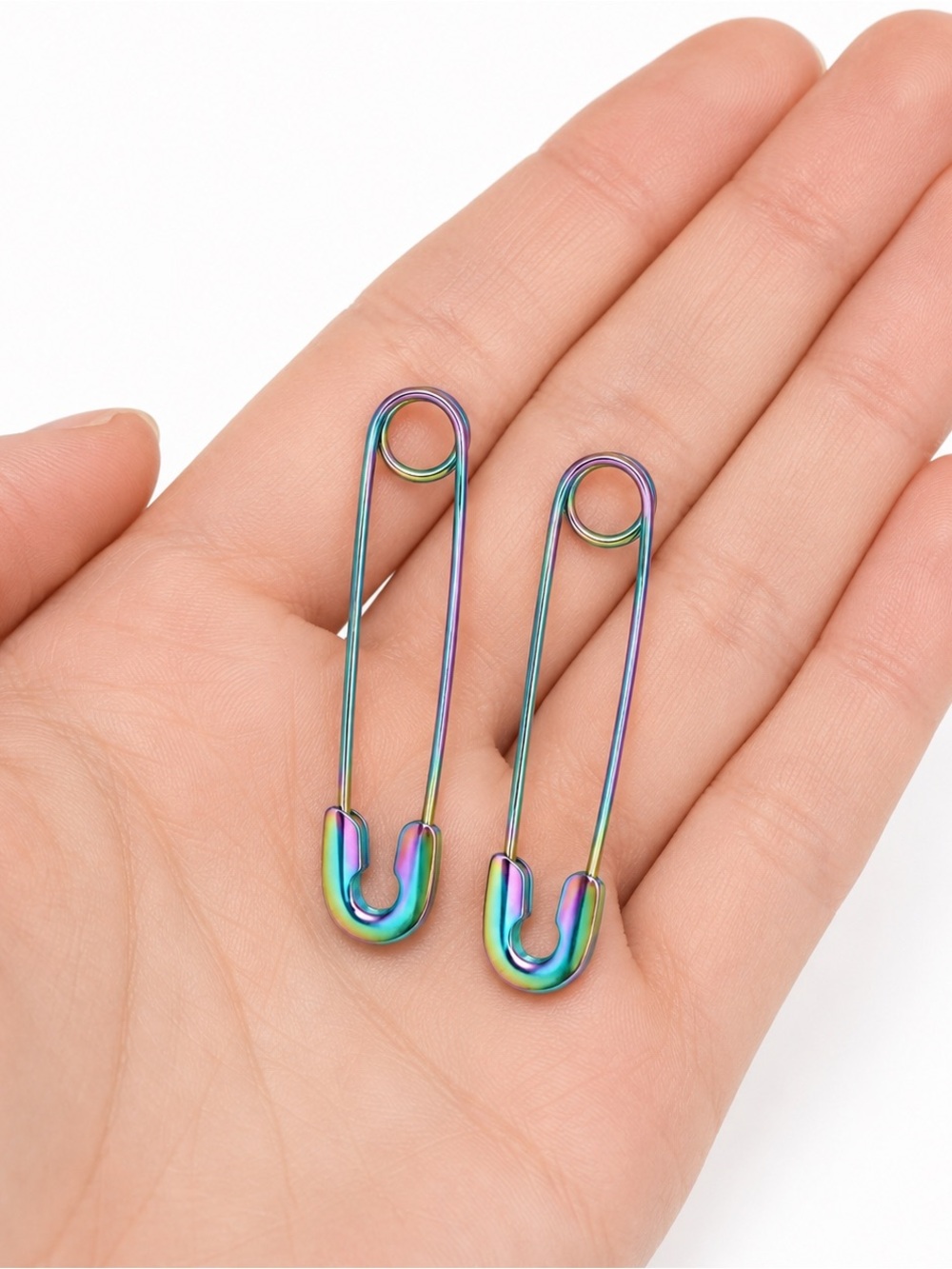 Rainbow Oil Slick Safety Pin Earrings - Stainless Steel Punk Grunge - Picture 3 of 4